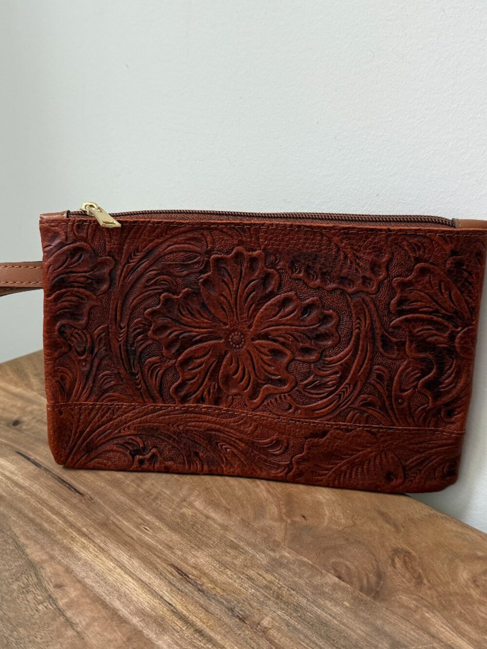 WESTERN Tooled Floral Brown Faux Vegan Leather Wristlet Clutch Pouch